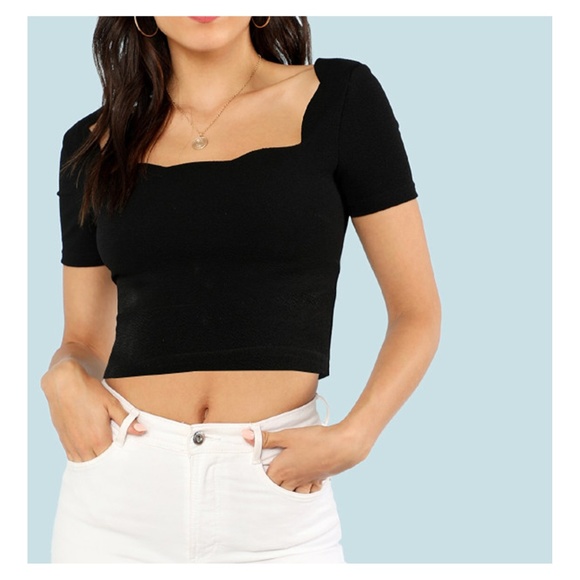 MBM Unlimited Tops - Black Short Sleeve Scallop Neckline Crop Top